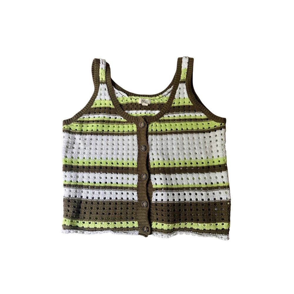 a.n.a. Green White Brown Crochet Button Tank Top